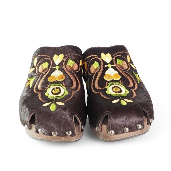 Rampage Keith Vintage Y2K Pony Hair Floral Print Wooden Sole Clogs Women's 5.5 - Picture 3 of 10